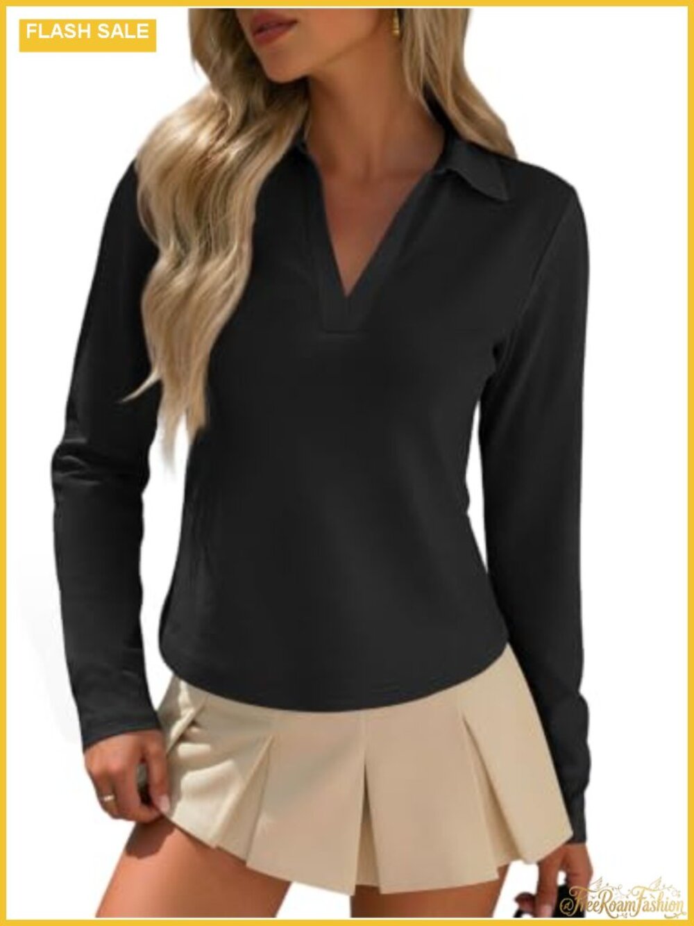 Womens Cotton Long Sleeve Polo Shirt V-Neck Collared Top